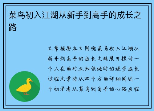 菜鸟初入江湖从新手到高手的成长之路