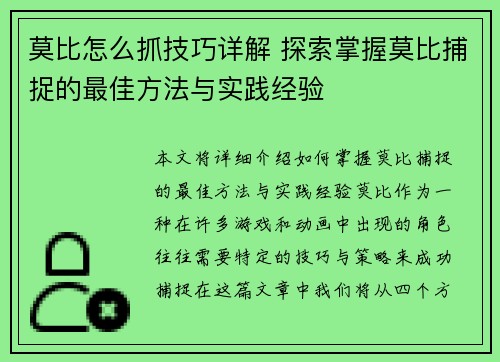 莫比怎么抓技巧详解 探索掌握莫比捕捉的最佳方法与实践经验